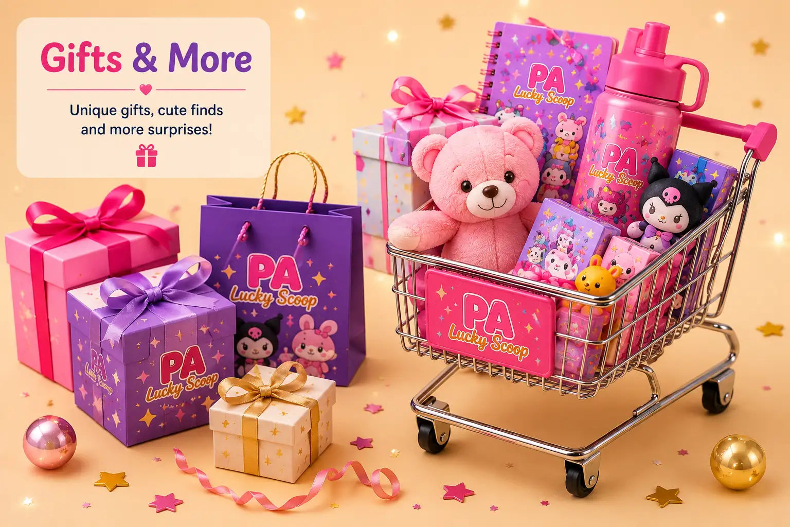 Gifts & More collection banner showing a shopping trolley filled with gift-wrapped presents and PA Lucky Scoop plush surprises.
