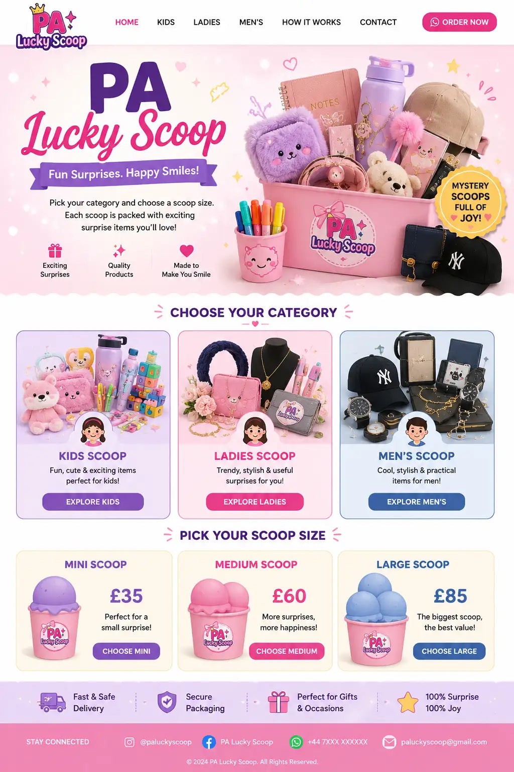 PA Lucky Scoop website preview showing Kids, Ladies, and Men's Scoop category cards, Mini/Medium/Large size pricing, and site features.