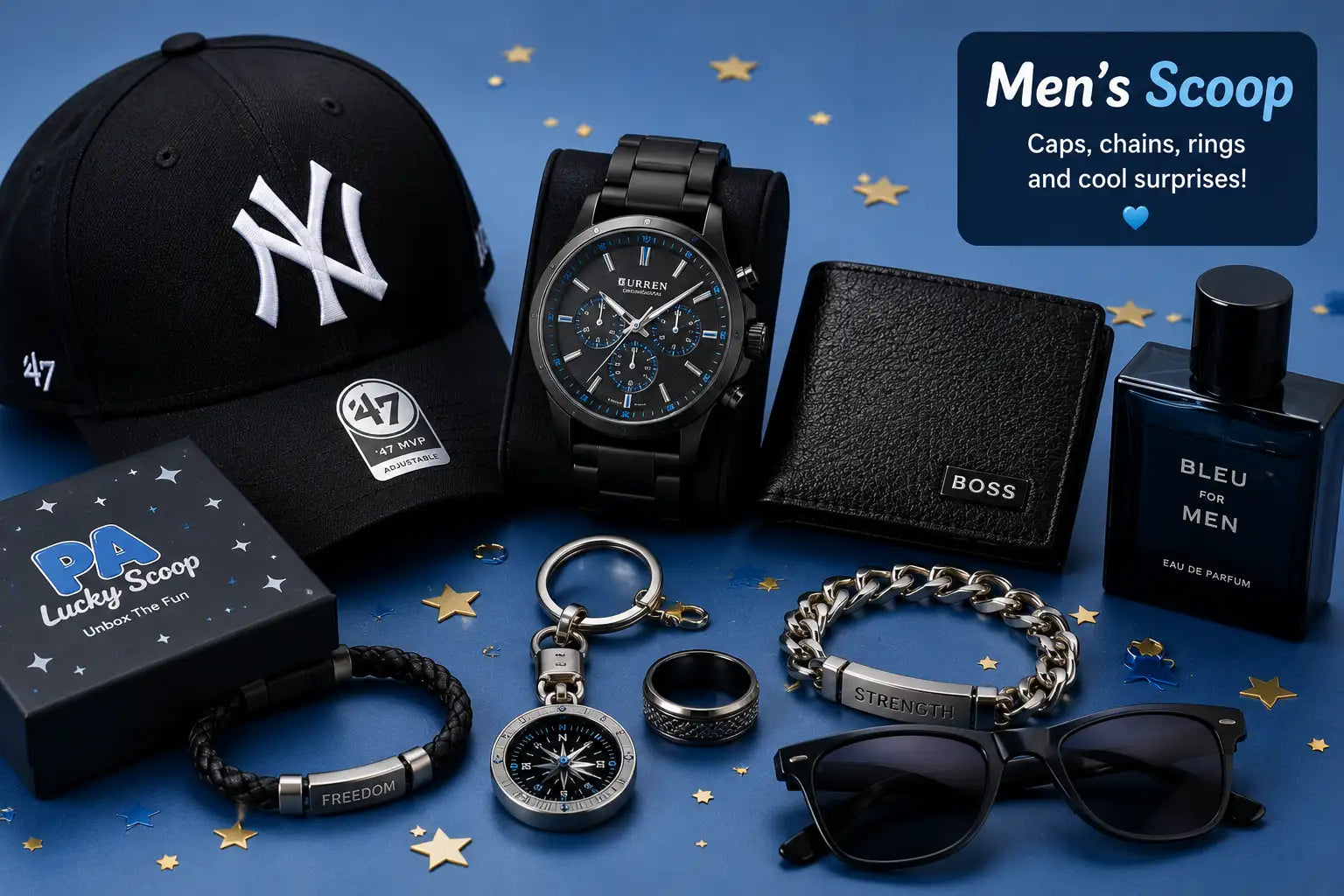 Men's Scoop collection banner showing a cap, watch, wallet, cologne, bracelet, sunglasses and other surprise items from PA Lucky Scoop.