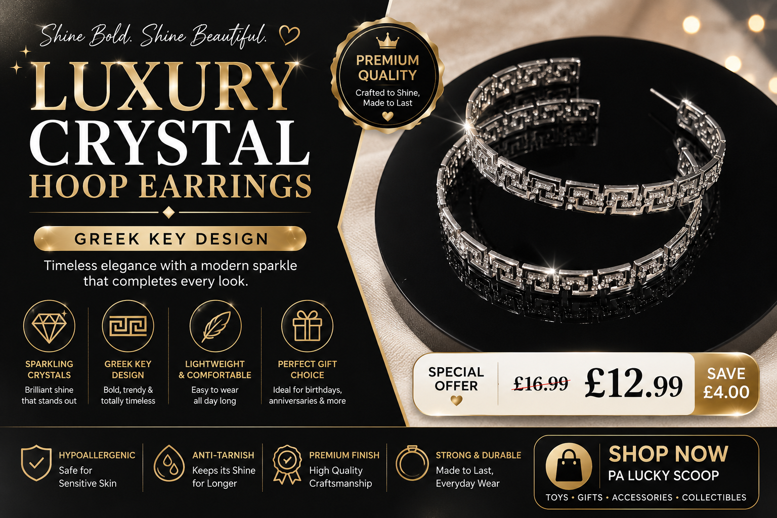 Luxury Crystal Greek Key Hoop Earring