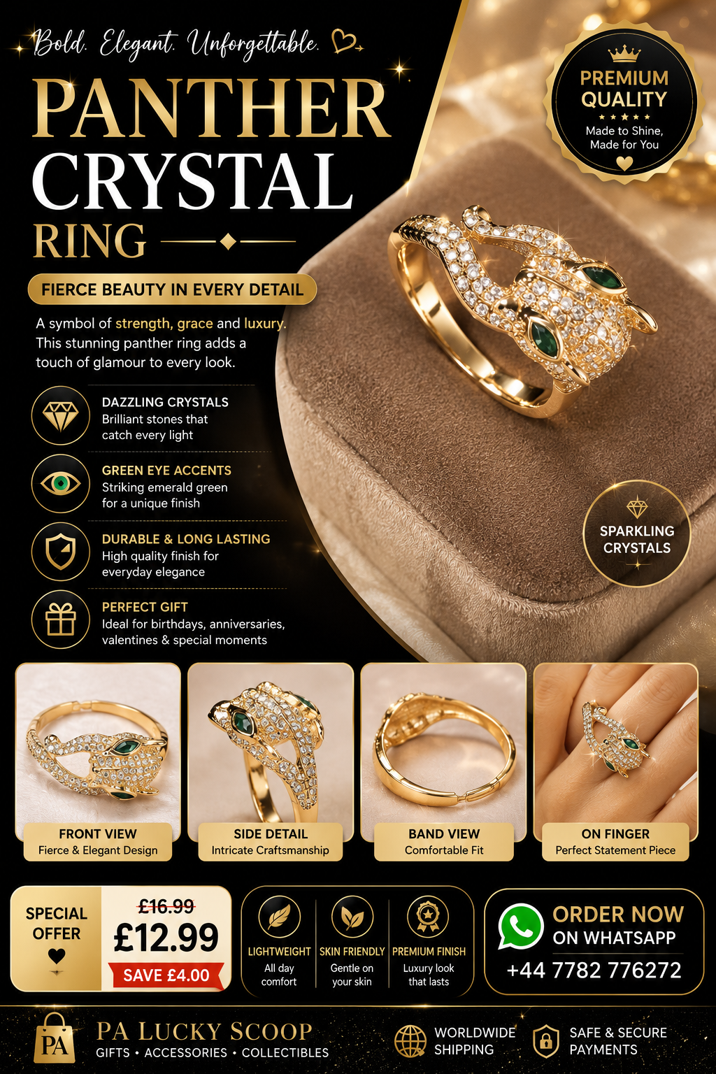 Elegant Panther Crystal Ring – Gold-Tone